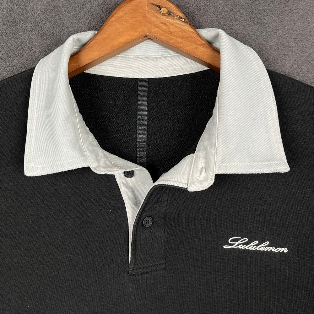 Lululemon Rugby Polo Shirt Mens Large Black Long Sleeve Embroidered Script Logo